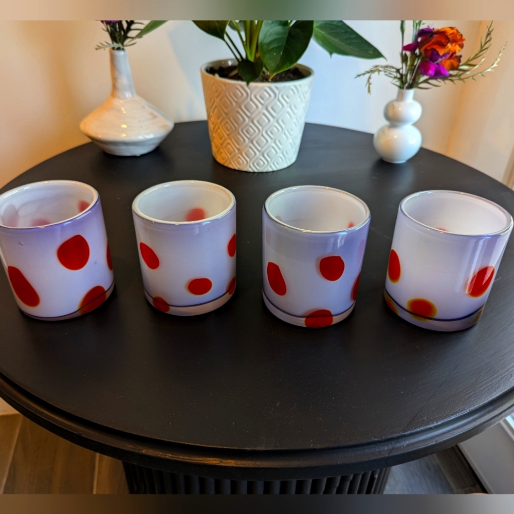 Set of Four blown Glass Red Polka Dot Glasses Cocktail Glasses